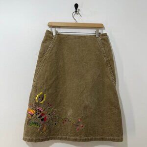 Oilily Vintage Tan Cordury Knee Length Skirt with Floral Embroidery [size M/38]